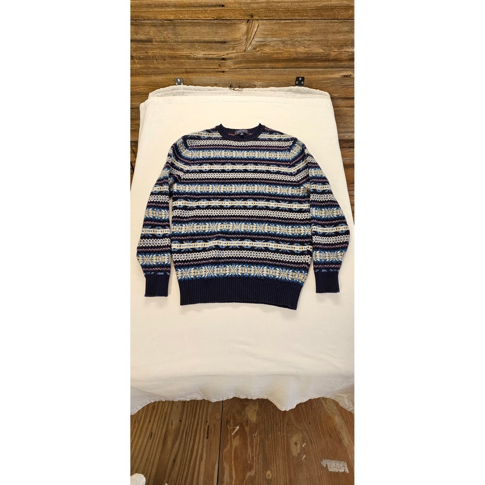 Crown & Ivy Mens Lambswool Blend Fair Isle Sweater Navy Blue Multi Pattern M